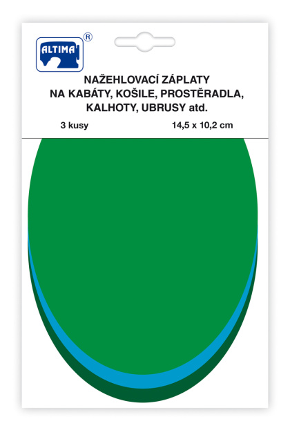 Nažehlovací záplaty jednobarevné ovály 3 ks - sv.zelená tyrkys.zelená tm.zelená
